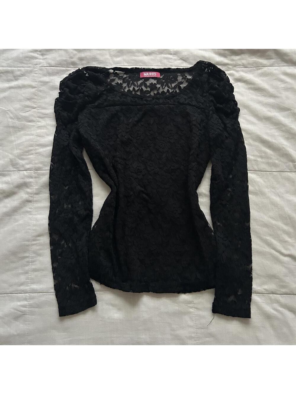 MA*RS Black Floral Lace Long Sleeve Top Puff Shoulder Square Neck S Japan